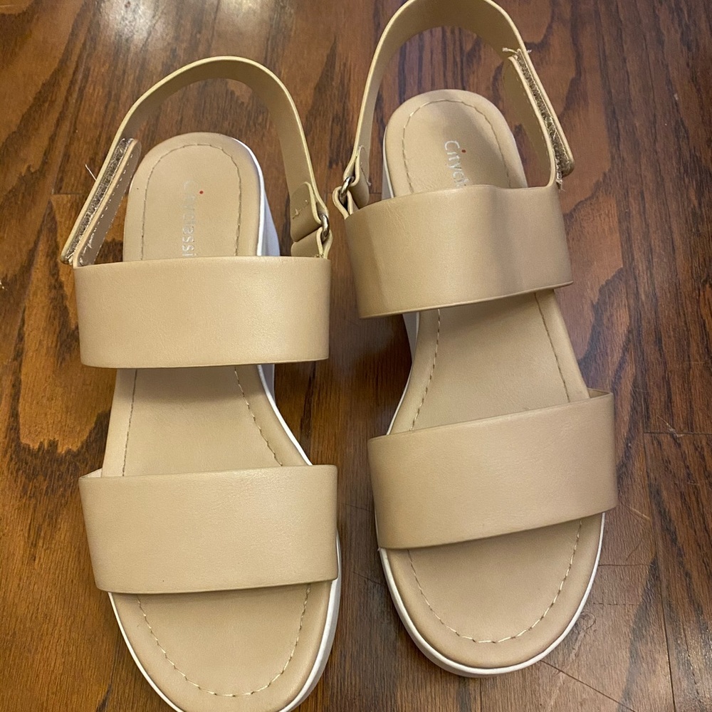 Tan and White Platform Wedges